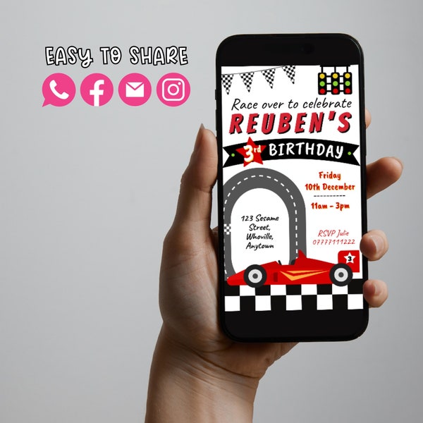 Race Car Personalised Birthday Digital Invitation | Paperless Child's Birthday Electronic Invitation | Racing Car Smartphone Invitation