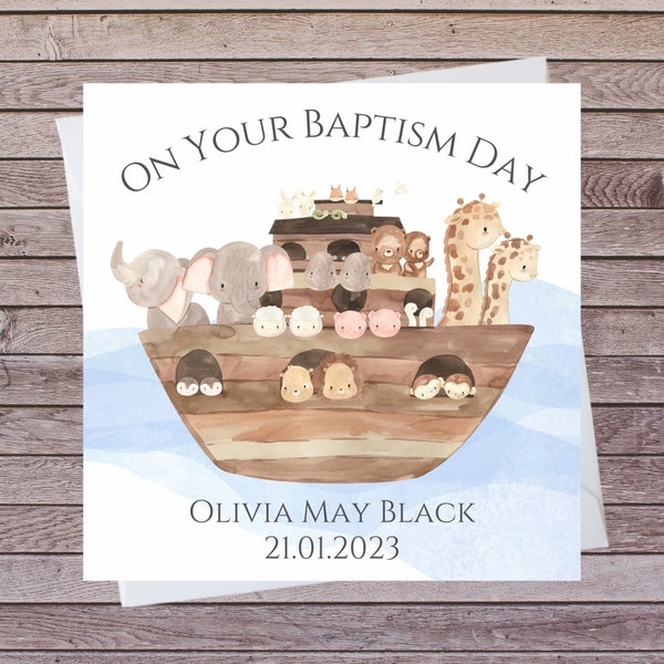 Personalised Cute Noah's Ark Baptism Card | Watercolour illustration Christening Card | Personalise with name and baptism date