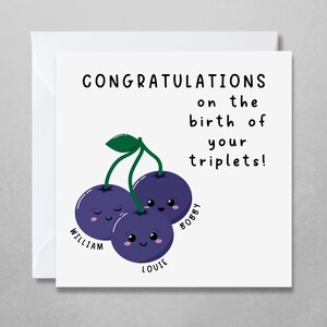 carte personnalisée de triplés de bébé | Myrtilles amusantes | Félicitations pour la naissance de vos triplés | Pour les nouveaux parents | Félicitations bébé