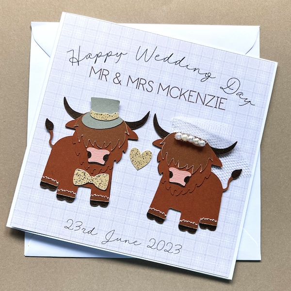 Personalised Highland Cow themed 3D Wedding Card | Scottish Wedding | Farmer Wedding | Outdoor Wedding | Scotland | Cute 3D Animals