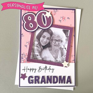 Carte d'anniversaire photo personnalisée | Fait main avec des éléments 3D | Tout âge et tout nom | Floral violet rose | Pour maman, grand-mère, fille