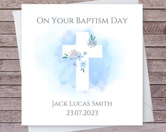 Personalised Blue Baptism Card | Floral Cross on Blue Watercolour | Baby Christening Card | Personalise with name and baptism date