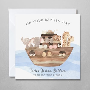 de baptême de l'arche de Noé personnalisée | Jolie illustration aquarelle | Avec nom du bébé et date de baptême | Carte de naissance religieuse