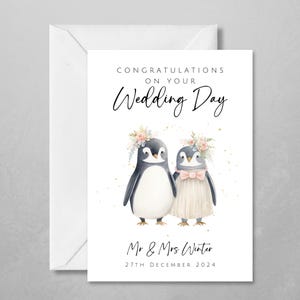 de mariage personnalisée pingouin | Animaux mariés | Mignon et unique | Avec les noms du couple et la date du mariage | Mariage d'hiver