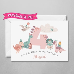 d'anniversaire de dinosaure personnalisée pour fille | Joli thème dinosaure rose moderne | Avec le nom et l'âge de l'enfant | J'ai un super anniversaire ma fille