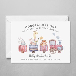carte personnalisée nouveau-né | Bébé garçon ou petite fille | Félicitations pour l'arrivée de votre petit | Carte Train d'animaux mignons