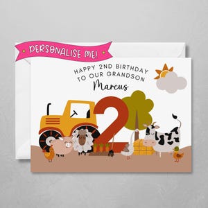 d'anniversaire personnalisée à la ferme | Joli design pour garçon ou fille | Animaux de la ferme et tracteur | Avec le nom et l'âge de l'enfant | Joyeux anniversaire