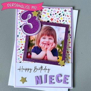 Carte d'anniversaire photo personnalisée | Fait main avec des éléments 3D | Tout âge et tout nom | Or violet | Anniversaire de l'enfant | Pour fille ou nièce