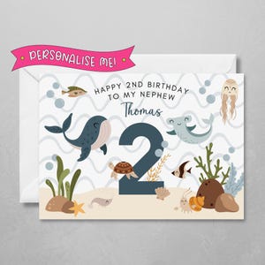 carte d'anniversaire personnalisée Sous la mer | Joli design bleu pour garçon | Thème océan avec poissons, baleines et requins | Avec le nom et l'âge de l'enfant