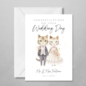 carte de mariage personnalisée pour couple de chats | Animaux mariés | Mignon et unique | Avec les noms et la date du mariage | Félicitations pour le mariage