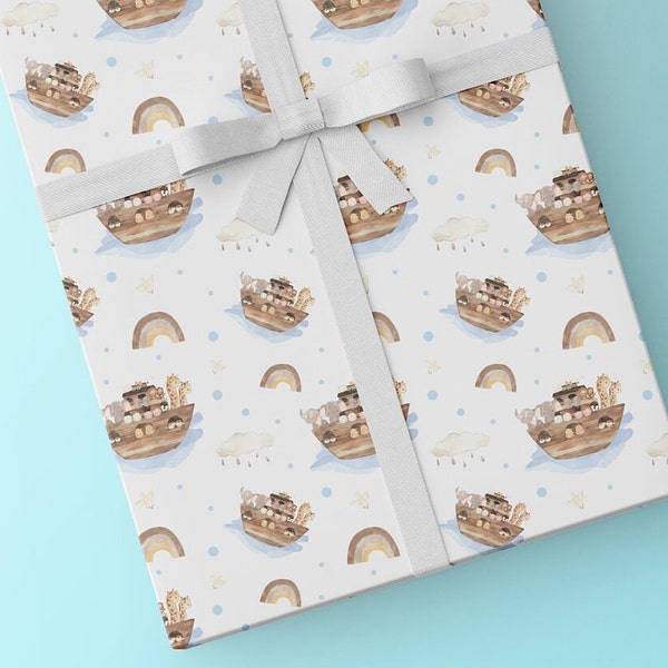 Cute Noah's Ark Gift Wrapping Paper | Child's Baptism Gift Wrap | Christening Wrapping Paper Sheets | With matching gift tag