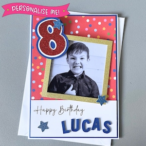 Carte d'anniversaire photo personnalisée | Fait main avec des éléments 3D | Tout âge et tout nom | Rouge et bleu | Anniversaire de l'enfant | Pour fils ou fille