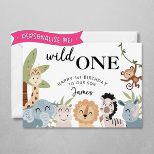 Personalised 1st Birthday Card | Wild One Unisex Card | With child's name | Cute Safari Animals | Baby's First Birthday Greeting | For Son