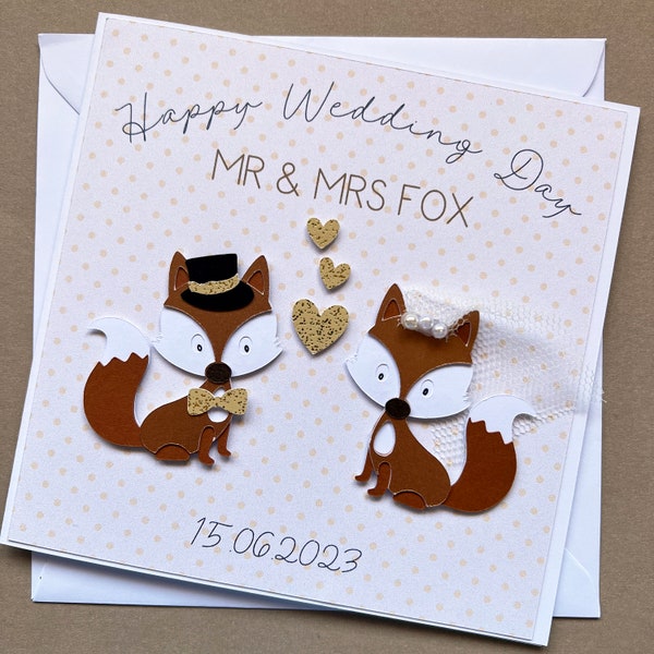 Personalised Fox themed 3D Wedding Card | Woodland Wedding | Outdoor Wedding | Cute 3D Animals | Red Fox Bride and Groom