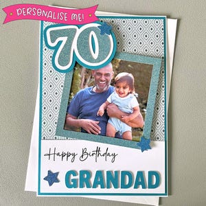 Carte d'anniversaire photo personnalisée | Fait main avec des éléments 3D | Tout âge et tout nom | Bleu et blanc | Pour papa, grand-père, fils