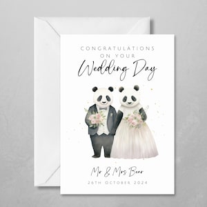 de mariage personnalisée panda | Animaux mariés | Mignon et unique | Avec les noms du couple et la date du mariage | Félicitations pour le mariage
