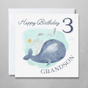 Carte d'anniversaire personnalisée avec baleine mignonne | Baleine bleue | Carte d'enfant personnalisée avec son nom et son âge | Illustration aquarelle sous la mer