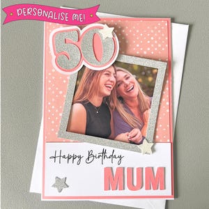 Carte d'anniversaire photo personnalisée | Fait main avec des éléments 3D | Tout âge et tout nom | Rose pêche argenté | Pour maman, grand-mère, fille