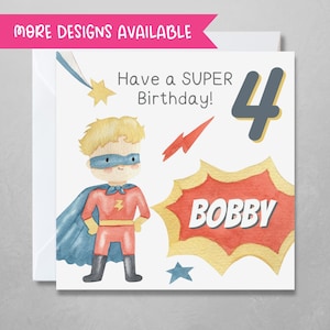 d'anniversaire de super-héros personnalisée pour garçons | Carte de voeux personnalisée pour enfant avec son nom et son âge | Couleur de cheveux et race différentes