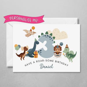 d'anniversaire personnalisée avec un dinosaure pour garçon | Joli thème dinosaure bleu moderne | Avec le nom et l'âge de l'enfant | Pour fils | Passez un anniversaire mémorable