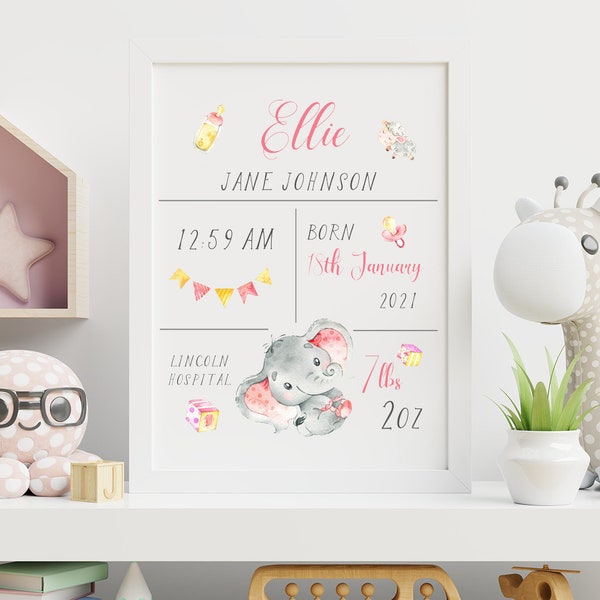 Personalised New Baby Birth Stats 9x7" Print | Nursery Decor | Framed or Unframed | Pink or Blue