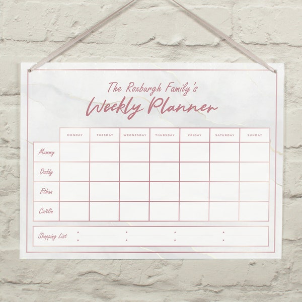 Personalised A3 Rose Gold Marble Wipe Clean Acrylic Weekly Family Wall Planner with Pen