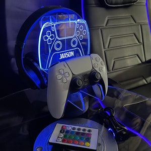 Personalised Neon Blue Controller and Headset Gaming Station with Colour Changing light base