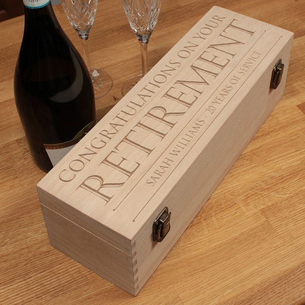 Personalised Engraved Retirement Hinged Wooden Champagne Prosecco Bottle Gift Box