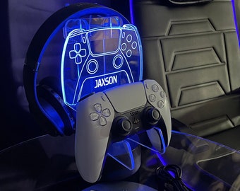 Personalised Neon Blue Controller and Headset Gaming Station with Colour Changing light base