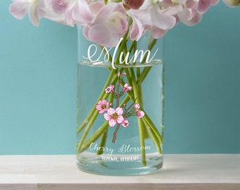 Personalised Birth Flower Cylinder Glass Birthday Gift Flower Vase