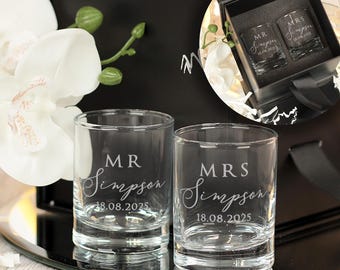 Wedding Gift Married Names Mr & Mrs Pair of Keepsake Shot Glasses and gift box