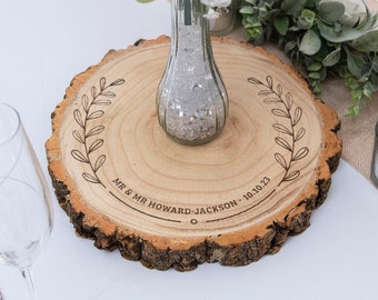 Personalised Floral Frame Wood Slice Table Centrepiece | Rustic Wedding Decor