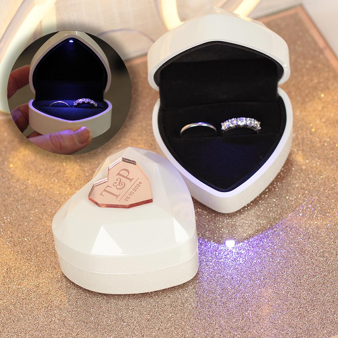 Personalised LED Light Up Illuminated White Geometric Heart Double Wedding Ring Box