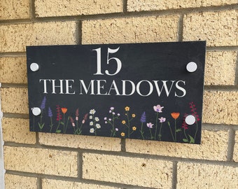 Personalised Wild Flowers Slate House Number or Name Wall Mounted Sign