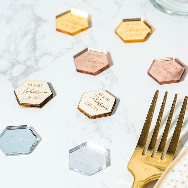 Personalised Hexagon Wedding Table Scatter Confetti Favour Decorations | Mirror Acrylic or Wood