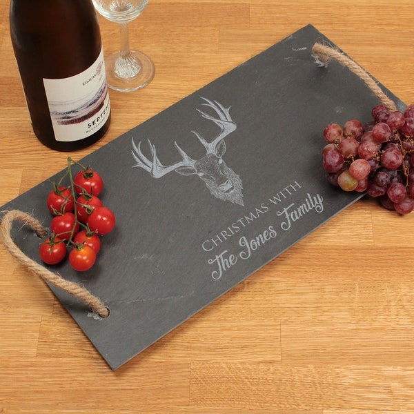 Personalised Christmas Stag Rope Handled Slate Serving Platter Board | Cheese Board