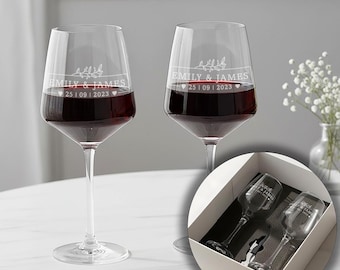 Personalised Botanical Frame Pair Of Stemmed Wedding Anniversary Wine Glasses