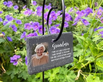 Personalised Memorial Photo Printed Garden Rectangle Slate Tag Wire Holder