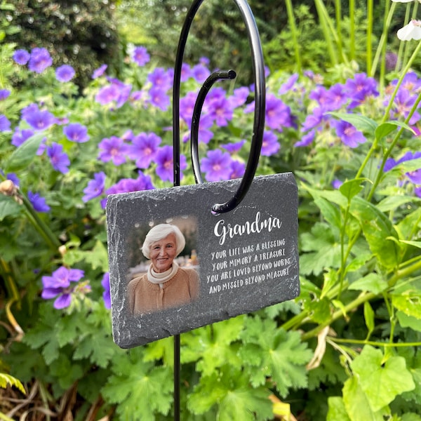 Personalised Memorial Photo Printed Garden Rectangle Slate Tag Wire Holder