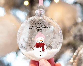 Personalised Snowman Baby's 1st Christmas Glitter Glass Christmas Tree Bauble Ornament