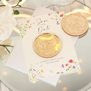 Personalised Watercolour Wildflower Wedding Save The Date Mirror Acrylic Magnets & Cards