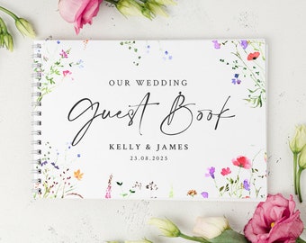 Libro de invitados de boda personalizado con flores silvestres de acuarela A5 o A4