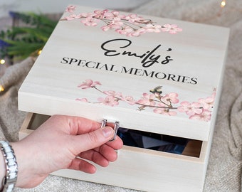 Personalised Cherry Blossom Natural Wooden Memory Keepsake Box | 2 Sizes