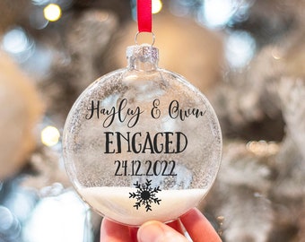 Personalised Engagement Gift Glitter Glass Christmas Tree Bauble Ornament