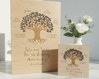 Może przedstawiać: Dwie jasne drewniane tabliczki z wyciętymi laserowo wzorami drzew. Większa tabliczka zawiera napis John and Sarah Our 5th Wedding Anniversary 17/6/2026. Mniejsza zawiera Rich and Kelly 1st Anniversary 17/6/2021, obie z oznaczeniami czasu.