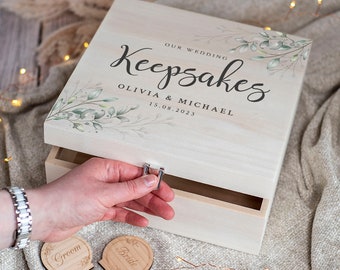 Personalised Botanical Wedding Natural Wooden Memory Keepsake Box | 2 Sizes