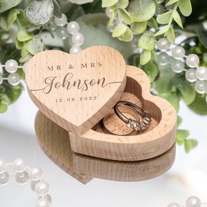 Personalised Classic Script Mr & Mrs Engraved Wooden Heart Wedding Ring Box