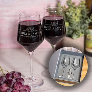 Personalised Botanical Frame Pair Of Stemmed Wedding Anniversary Wine Glasses