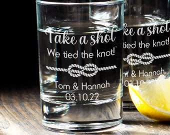 Personalised We Tied The Knot Wedding Keepsake Favour 65ml Shot Glasses