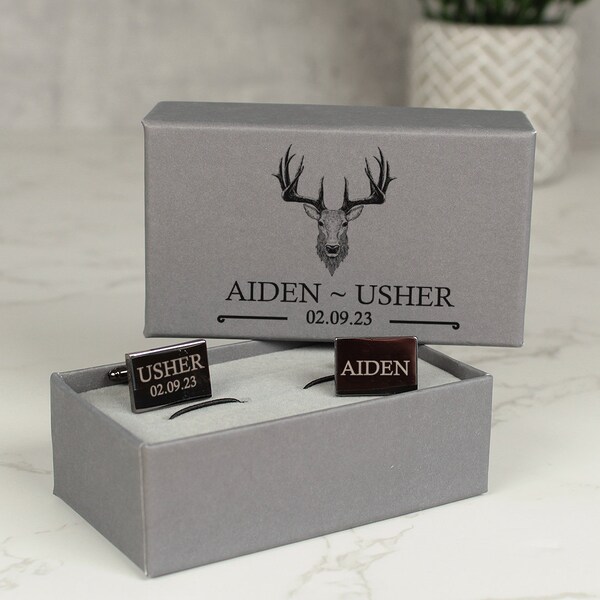 Personalised Stag Groomsman Gloss Black Cufflinks and printed Gift Box